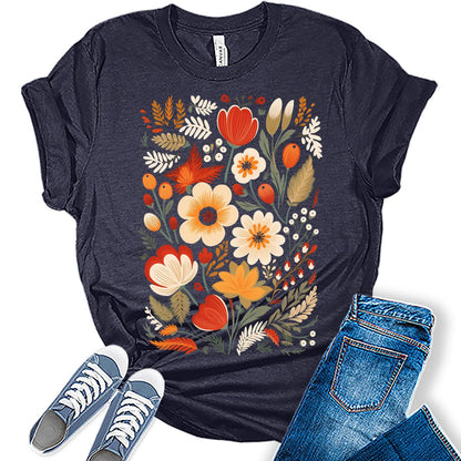Vintage Floral Fall Graphic Tee for Women Cute Cottagecore Boho Tops for Teen Girls