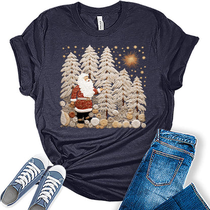 Santa Shirt Boho Christmas Tshirts for Women Vintage Graphic Print Tees