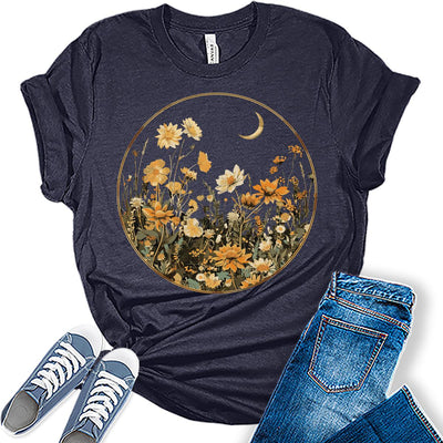 Aesthetic Floral Moon Shirt Graphic Tees for Women Trendy Plus Size Summer Tops