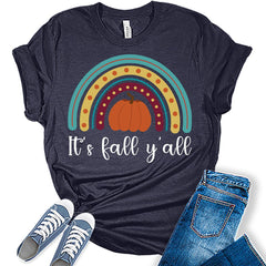 It's Fall Y'all T-Shirt Womens Fall Pumpkin Shirts Tops Halloween Thanksgiving Rainbow Graphic Tees