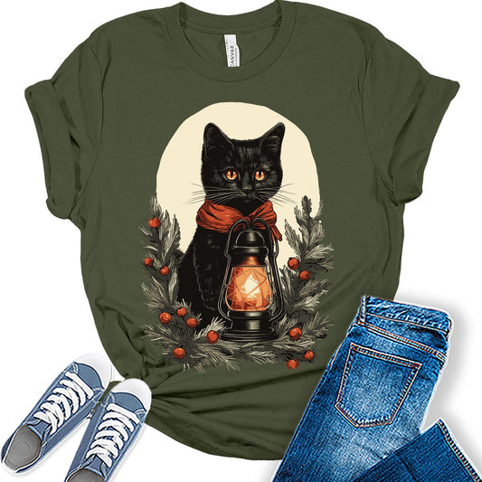 Cottagecore Shirts Cat Tshirts Christmas Lantern Graphic Tees for Women