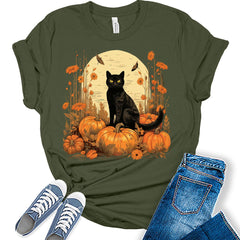 Womens Fall Cat Shirt Cottagecore Pumpkin T Shirts Floral Cute Girls Graphic Tee Autumn Tops