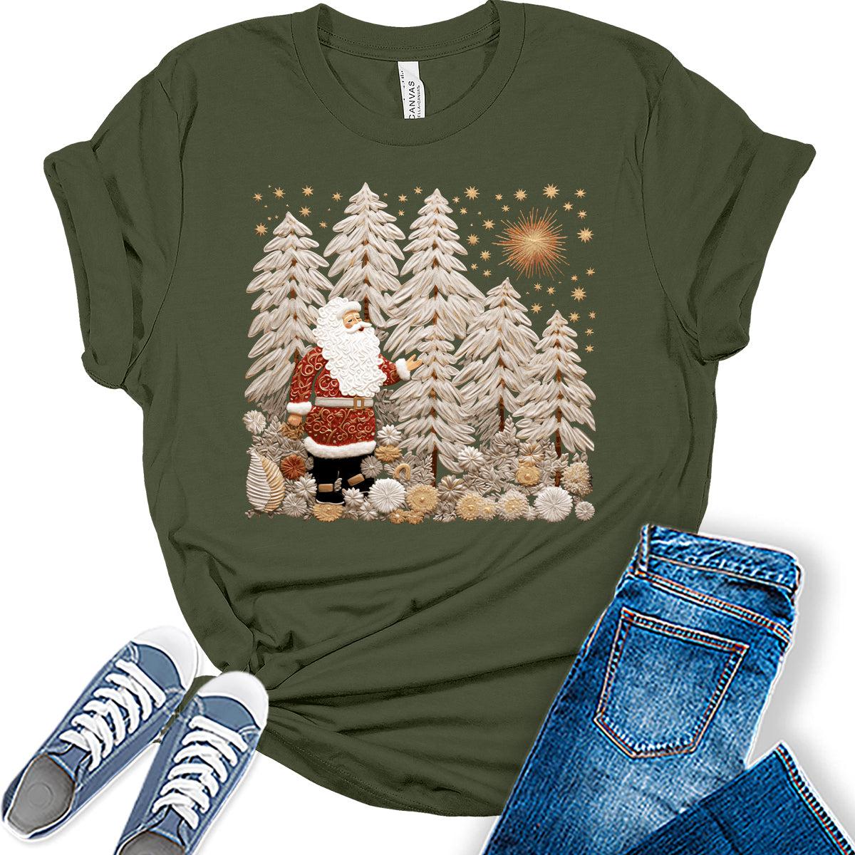 Santa Shirt Boho Christmas Tshirts for Women Vintage Graphic Print Tees