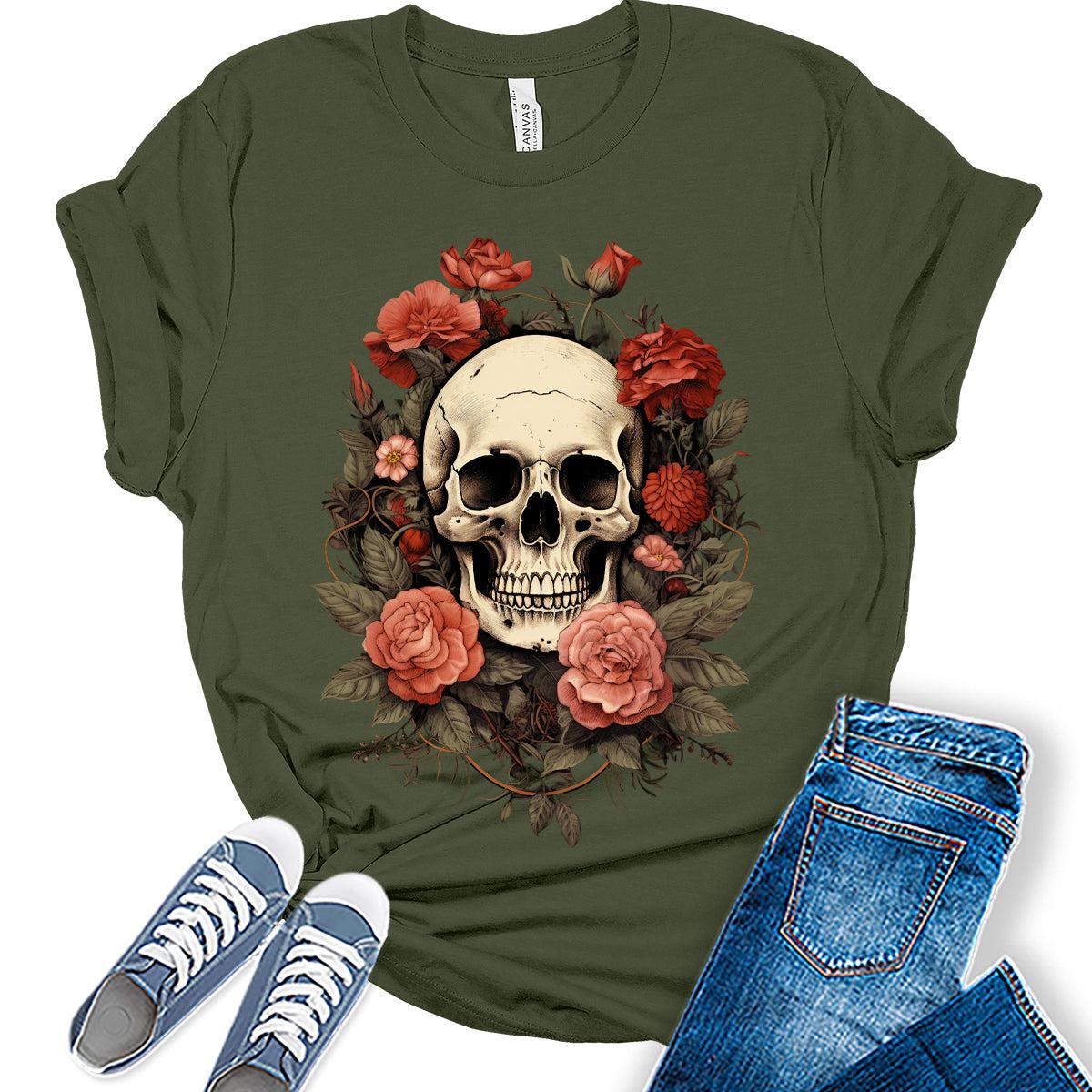 Womens Cottagecore Floral Skull Fall T-Shirt