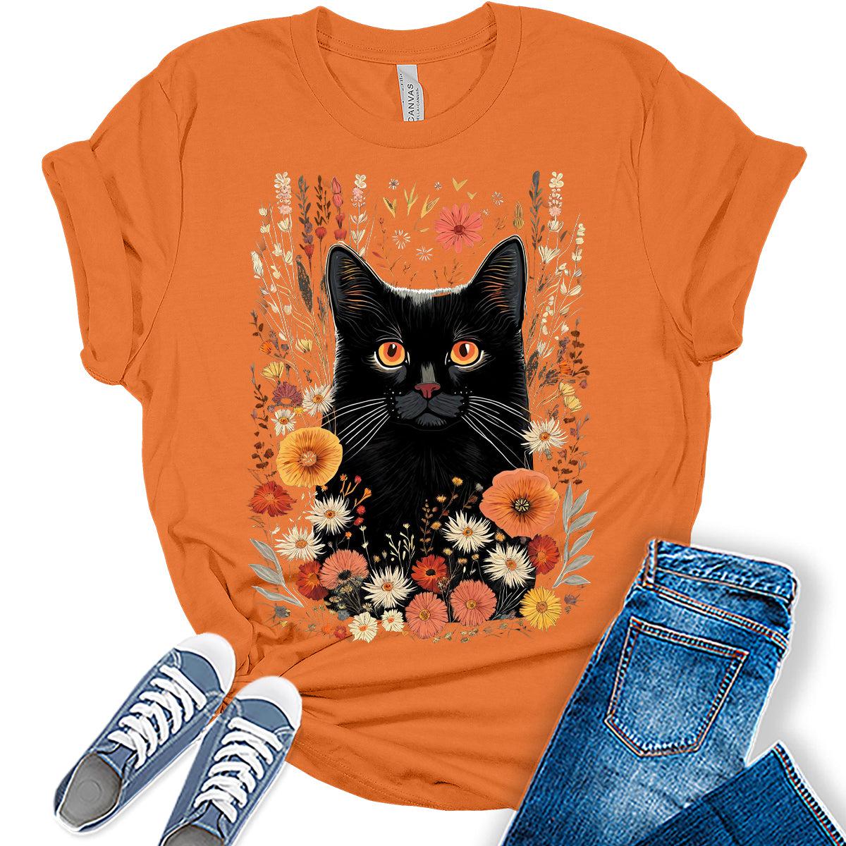 Womens Fall Cat Shirt Cottagecore Floral Cute Girls Graphic Tee Autumn Tops