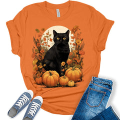 Womens Fall Black Cat Halloween Pumpkins T-Shirt