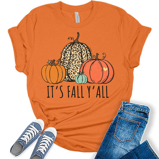 It's Fall Y'all Pumpkin T-Shirt Womens Graphic Tees Fall Halloween Shirts Girls Thanksgiving Tops