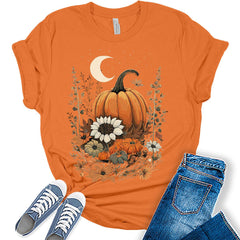 Pumpkin Cottagecore T-Shirt Womens Graphic Tees Vintage Flower Fall Shirts Girls Vintage Halloween Thanksgiving Tops