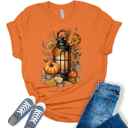 Fall Clothes for Women Casual Cottagecore Pumpkin Lantern Graphic Tees Autumn Shirts