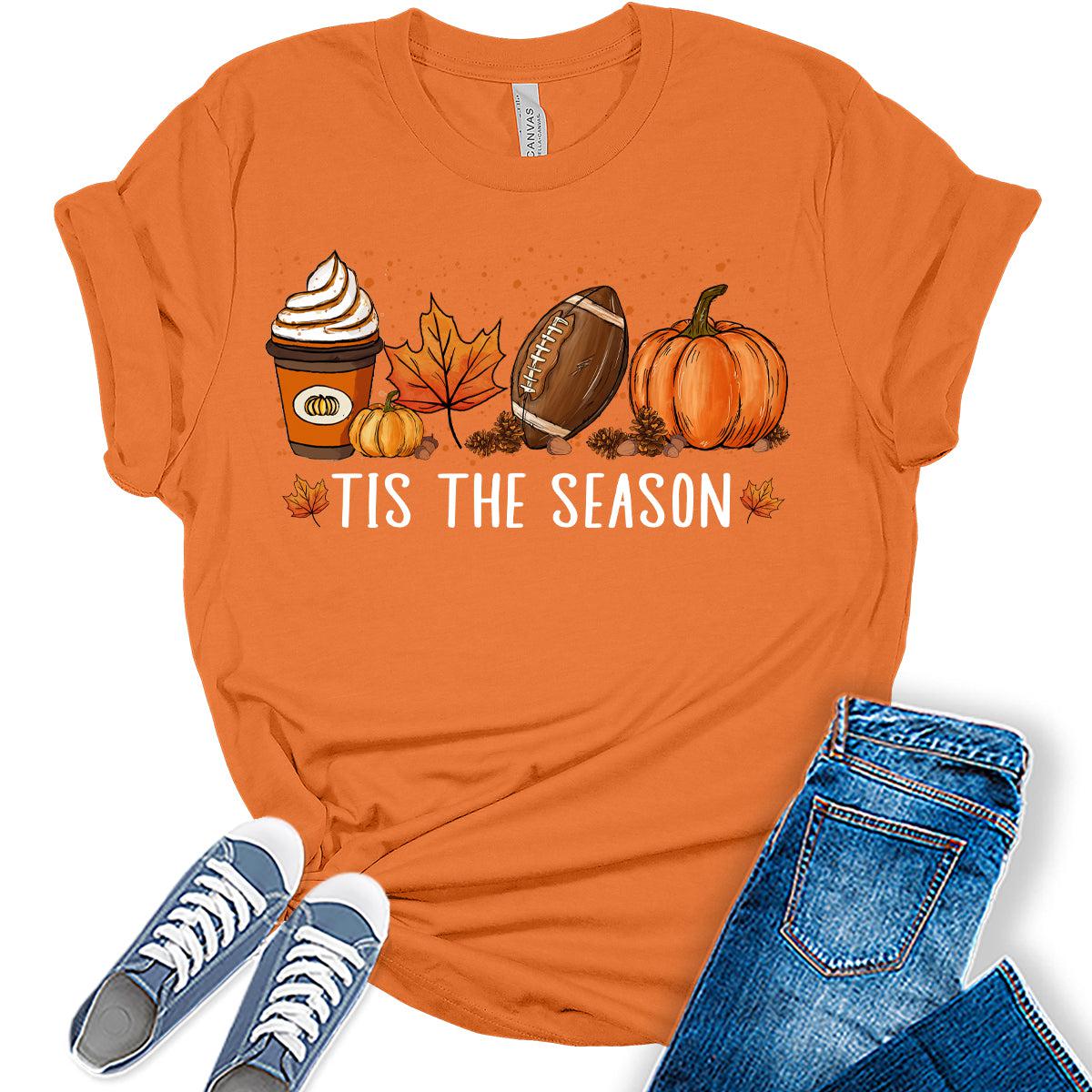 Tis The Season Pumpkin Leaf Latte Fall Thanksgiving Football T-Shirt