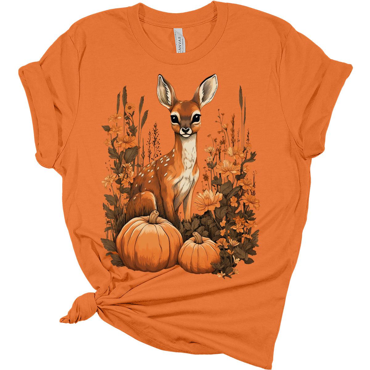 Womens Fall Deer Shirt Cottagecore Pumpkin Floral Cute Girls Graphic Tee Autumn Tops