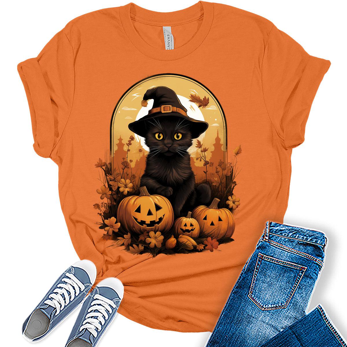 Womens Halloween Cat in a Pumpkin Patch T-Shirt