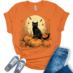 Womens Fall Cat Shirt Cottagecore Pumpkin T Shirts Floral Cute Girls Graphic Tee Autumn Tops