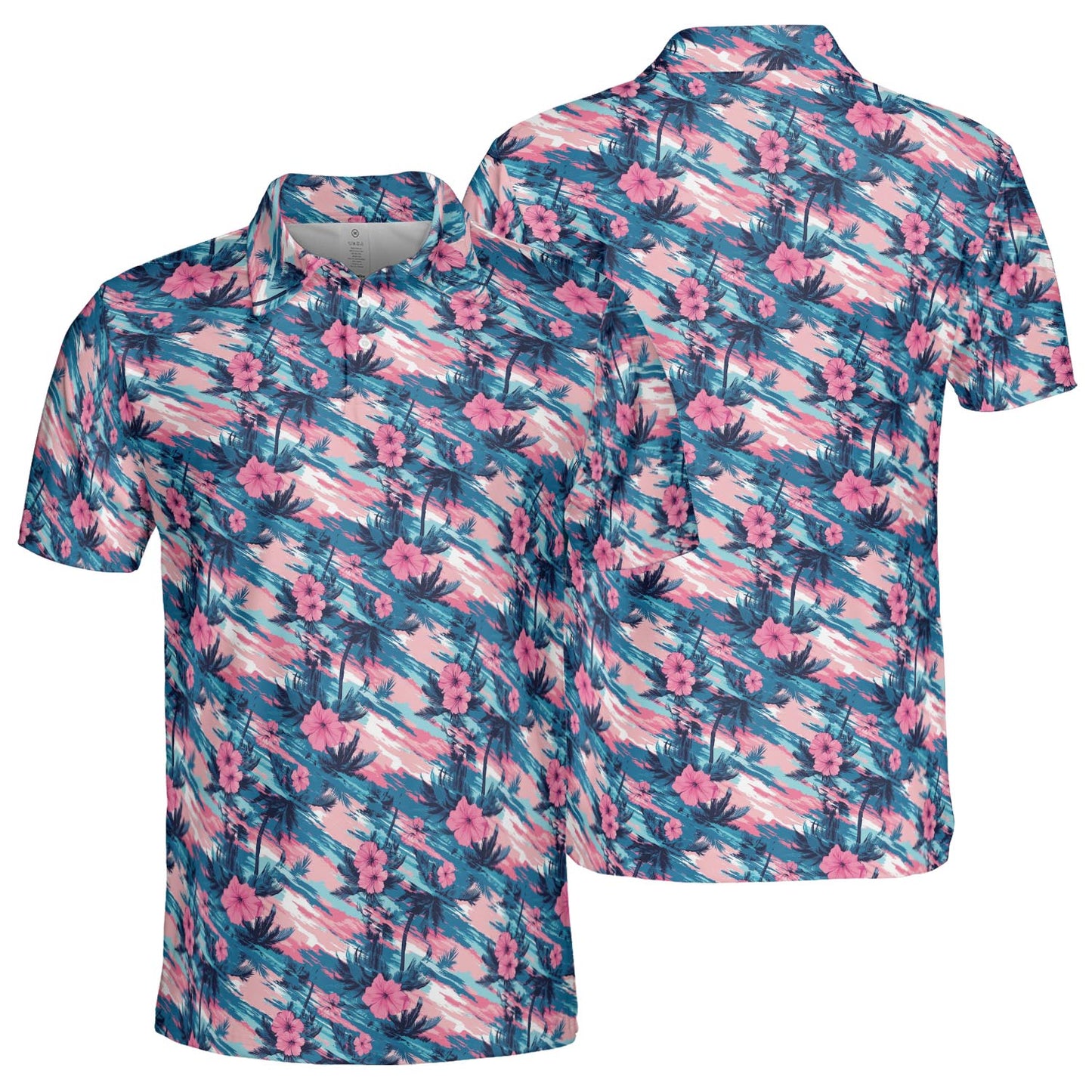 Tropical Sunset Floral Summer Polo Shirt for Men Moisture Wicking Short Sleeve Golf Vacation Top