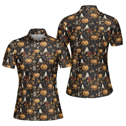 Ghost Pumpkin Floral Halloween Polo Shirt for Women Moisture Wicking Short Sleeve Golf Top