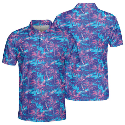 Retro Neon Palm Tree Print Summer Polo Shirt for Men Moisture Wicking Short Sleeve Golf Top