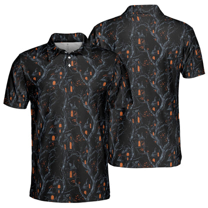 Haunted House Halloween Polo for Men Spooky Moisture Wicking Short Sleeve Golf Top