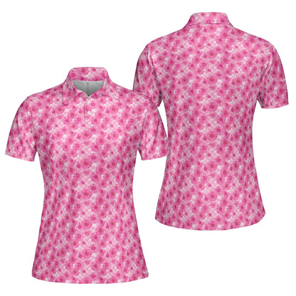 Pink Daisy Floral Polo Shirt for Women Spring Cottagecore Moisture Wicking Short Sleeve Golf Top