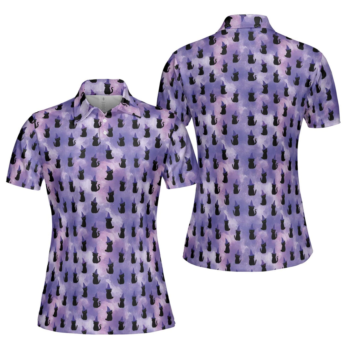 Witch Cat Halloween Polo Shirt for Women Purple Spooky Costume Moisture Wicking Short Sleeve Golf Top