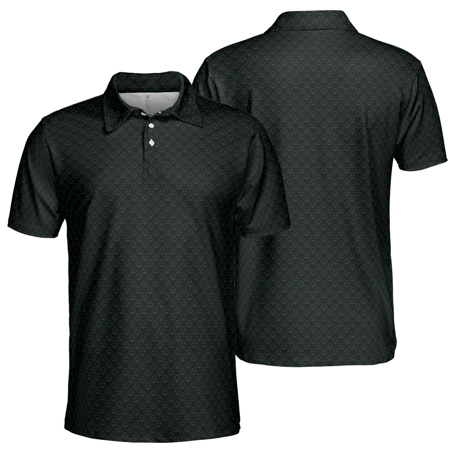 St Patricks Day Polo Shirts for Men Black Green Shamrock Outline Pattern Moisture Wicking Short Sleeve Golf Top