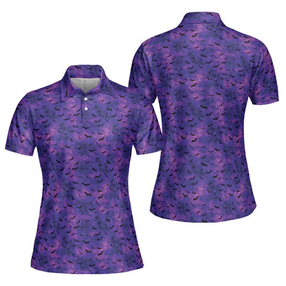 Purple Halloween Bat Polo Shirt for Women Spooky Costume Party Moisture Wicking Short Sleeve Golf Top