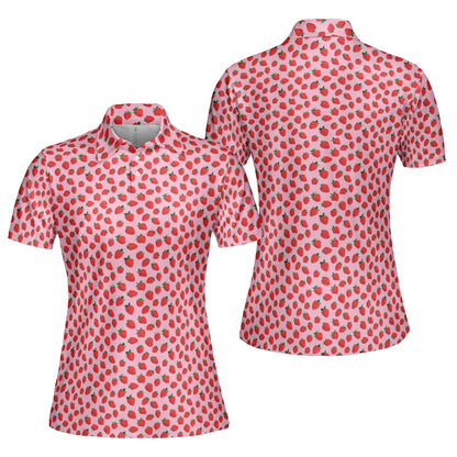 Strawberry Polo Shirt for Women Pink Summer Cottagecore Moisture Wicking Short Sleeve Golf Top