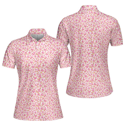 Pink Floral Polo Shirt for Women Cottagecore Spring Summer Moisture Wicking Short Sleeve Golf Top