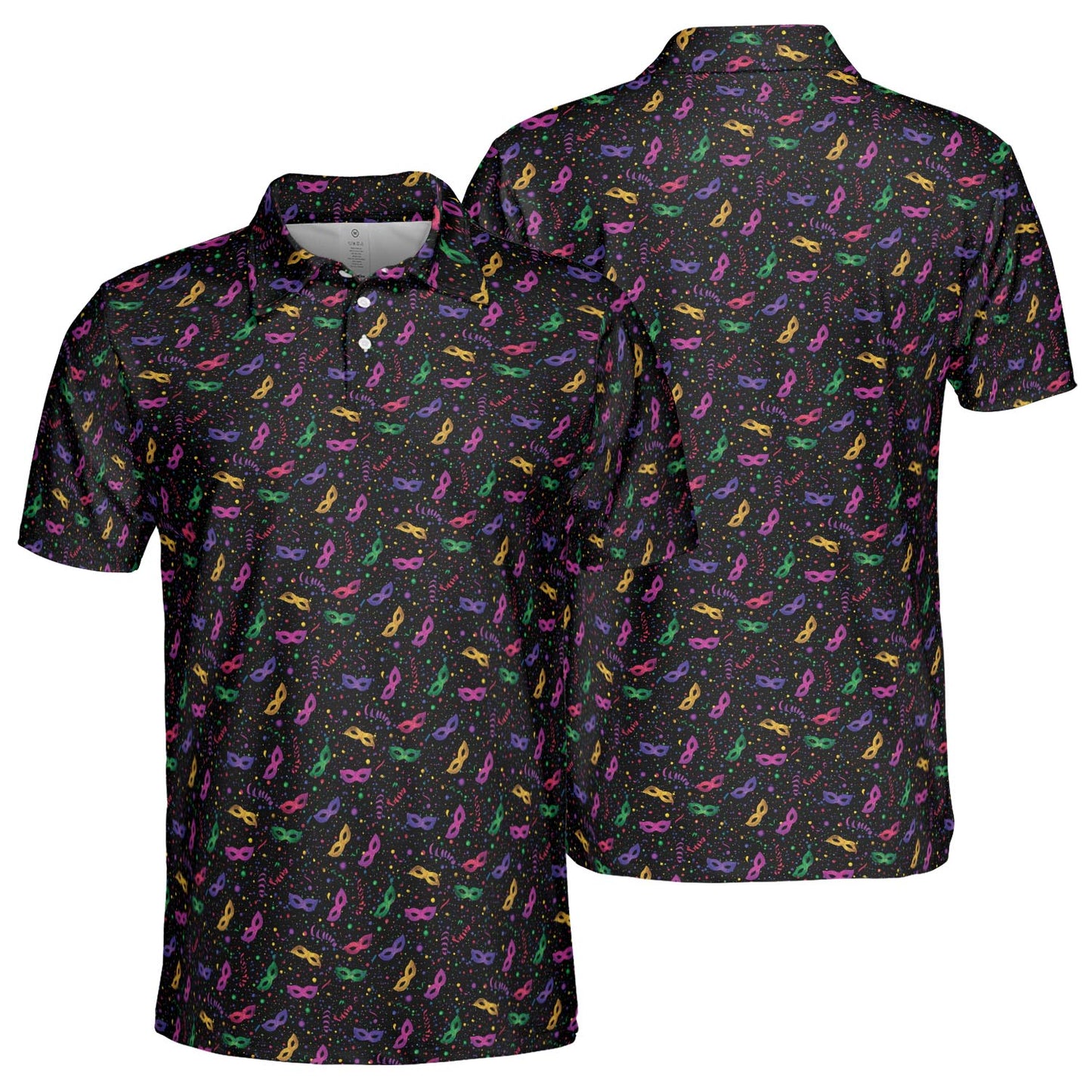 Mardi Gras Party Polo Shirt for Men Mask Confetti Pattern Moisture Wicking Short Sleeve Golf Top