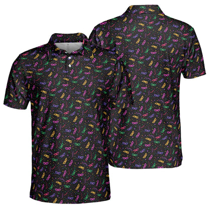 Mardi Gras Party Polo Shirt for Men Mask Confetti Pattern Moisture Wicking Short Sleeve Golf Top