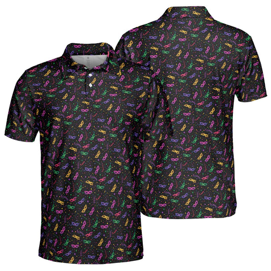 Mardi Gras Party Polo Shirt for Men Mask Confetti Pattern Moisture Wicking Short Sleeve Golf Top