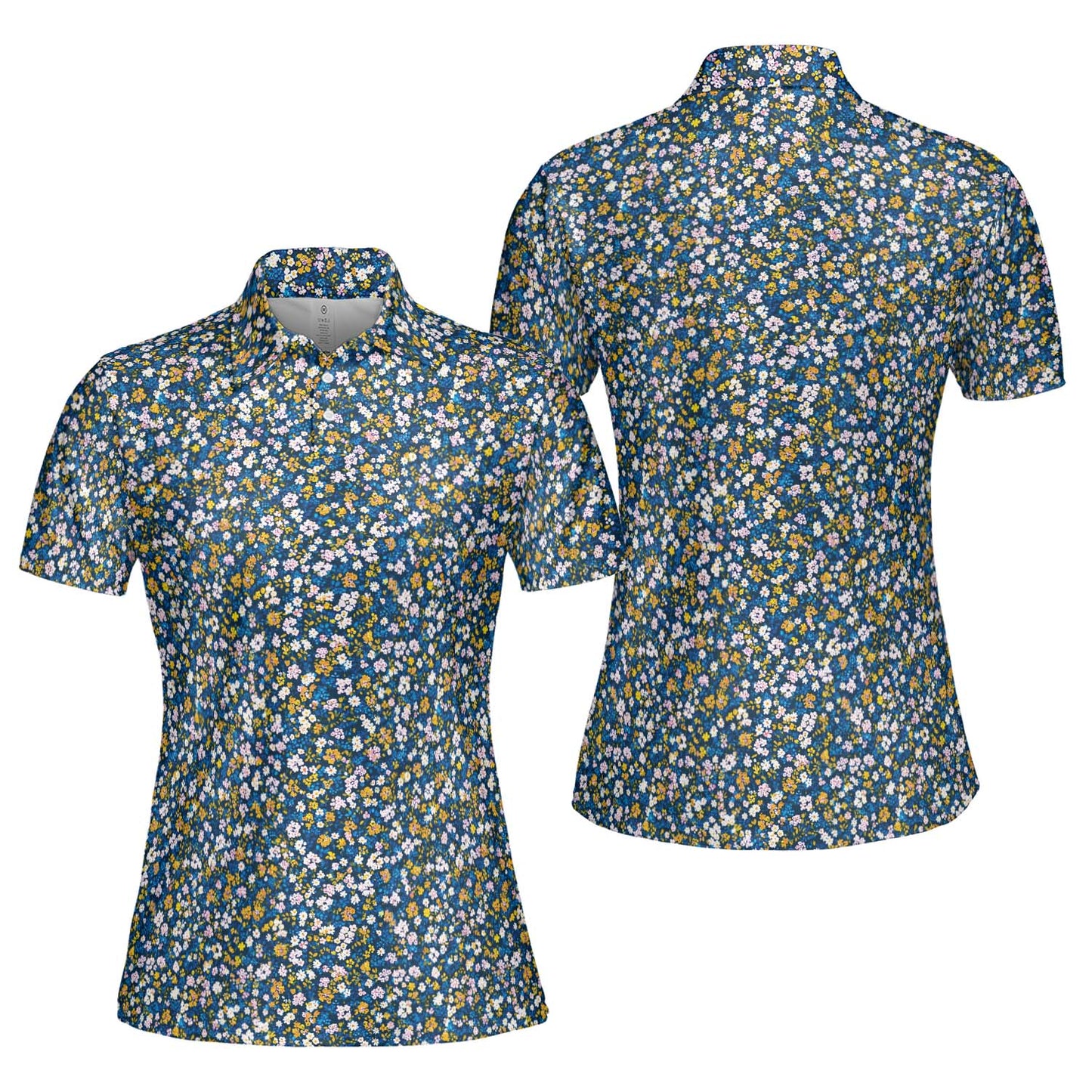 Navy Wildflower Polo Shirt for Women Dark Cottagecore Floral Spring Summer Moisture Wicking Short Sleeve Golf Top