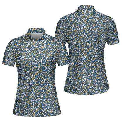 Navy Wildflower Polo Shirt for Women Dark Cottagecore Floral Spring Summer Moisture Wicking Short Sleeve Golf Top