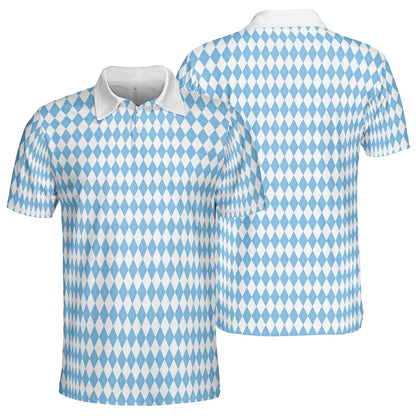 Bavarian Diamond Polo Shirt for Men Blue White Checkered Moisture Wicking Short Sleeve Golf Top