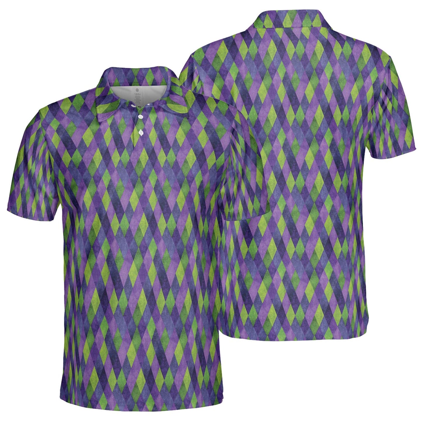 Mardi Gras Polo Shirt for Men Purple Green Argyle Party Design Moisture Wicking Short Sleeve Golf Top