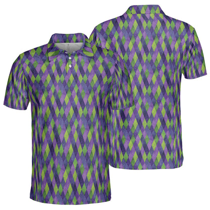 Mardi Gras Polo Shirt for Men Purple Green Argyle Party Design Moisture Wicking Short Sleeve Golf Top