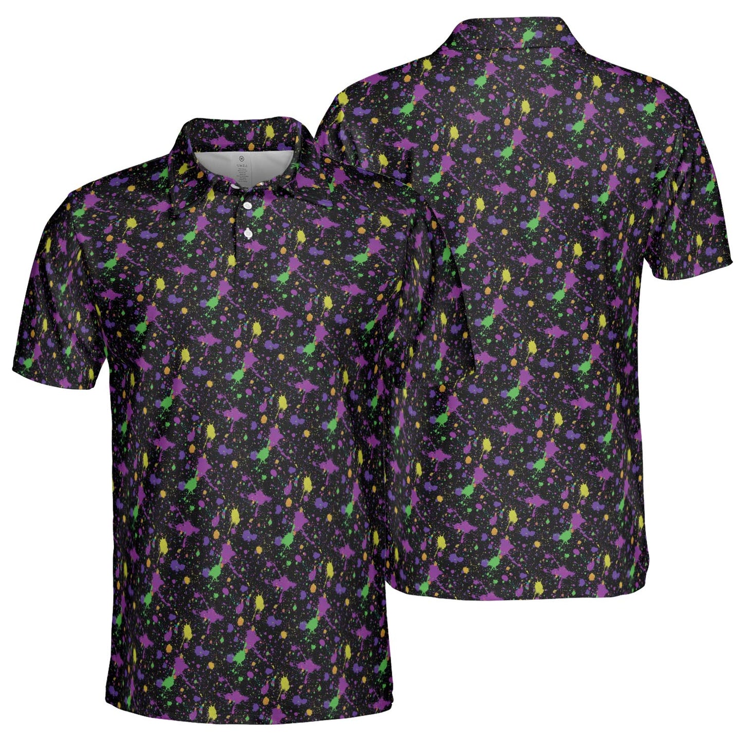 Mardi Gras Polo Shirt for Men Purple Green Gold Paint Splatter Pattern Moisture Wicking Short Sleeve Golf