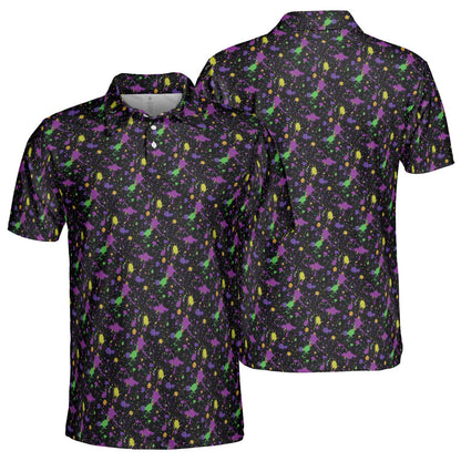 Mardi Gras Polo Shirt for Men Purple Green Gold Paint Splatter Pattern Moisture Wicking Short Sleeve Golf