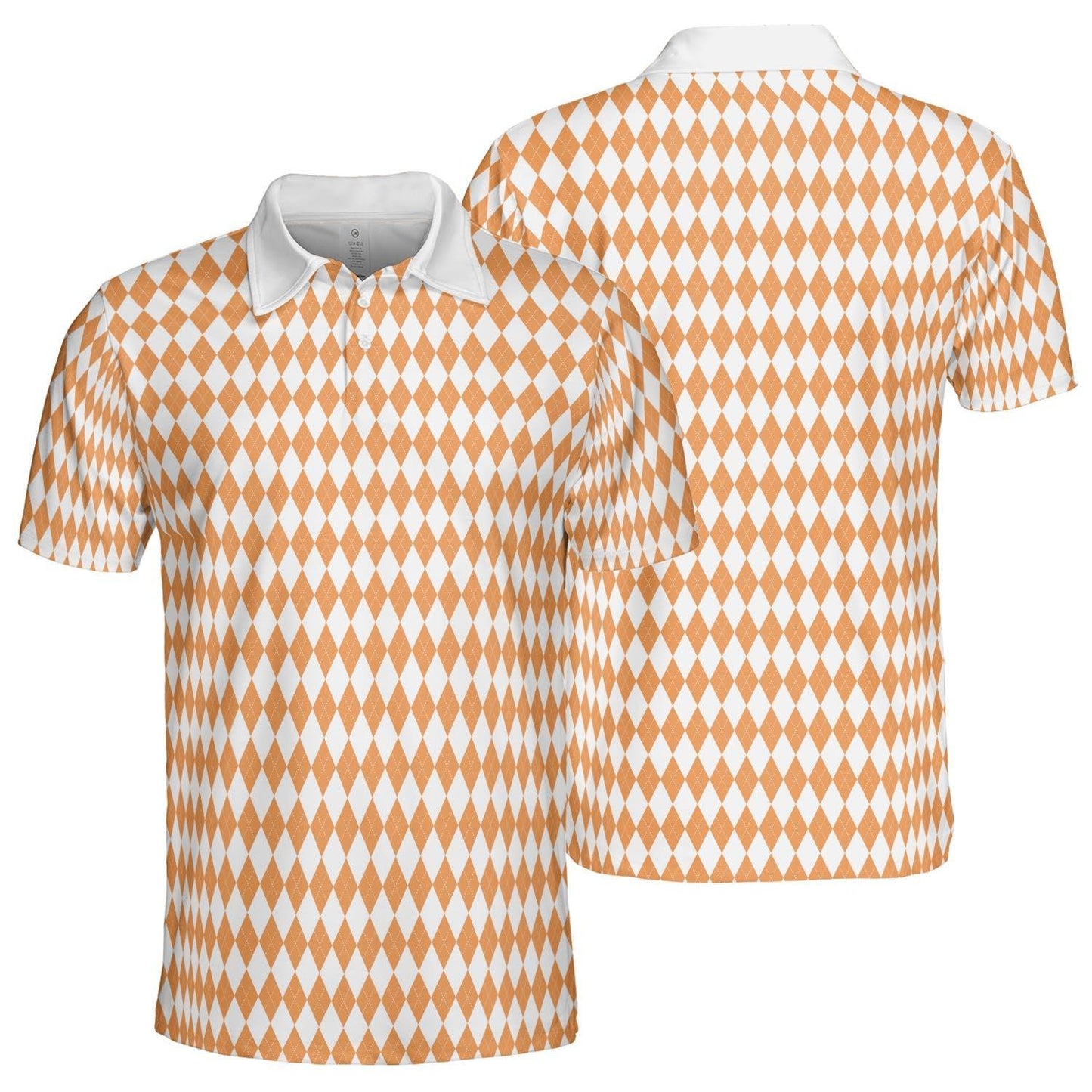 Bavarian Diamond Polo Shirt for Men Orange White Checkered Moisture Wicking Short Sleeve Golf Top