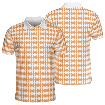 Bavarian Diamond Polo Shirt for Men Orange White Checkered Moisture Wicking Short Sleeve Golf Top