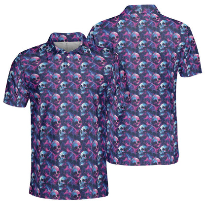 Electric Neon Cosmic Skull Print Halloween Polo Shirt for Men Moisture Wicking Short Sleeve Golf Top