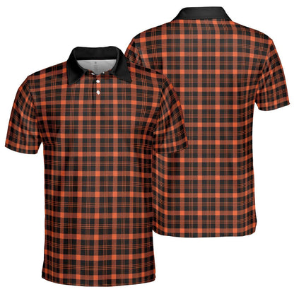 Black and Orange Buffalo Plaid Polo Shirt for Men Halloween Fall Checkered Pattern Moisture Wicking Short Sleeve Golf Top