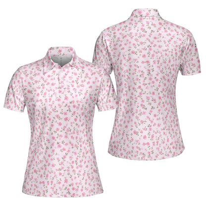 Pink Rosebud Polo Shirt for Women Soft Cottagecore Floral Spring Summer Moisture Wicking Short Sleeve Golf Top