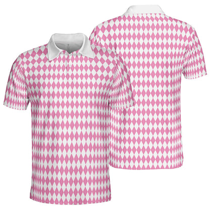 Bavarian Diamond Polo Shirt for Men Pink White Checkered Moisture Wicking Short Sleeve Golf Top