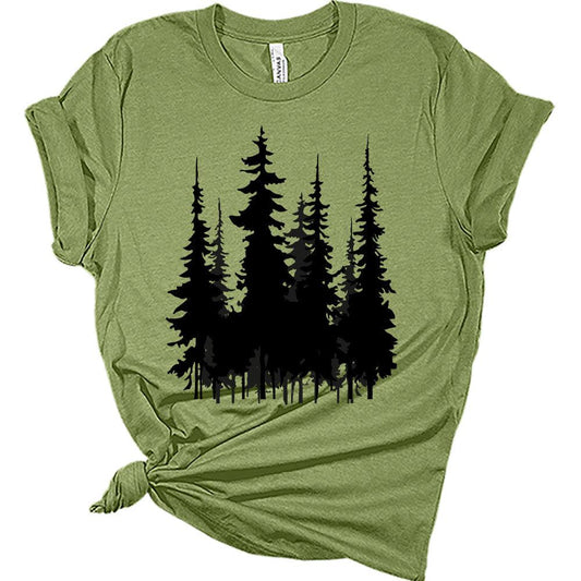 Womens Trendy Graphic Skinny Black Pine Trees Shirt Summer Hiking Camping Athletic Tees Nature Casual Comfy Clothes