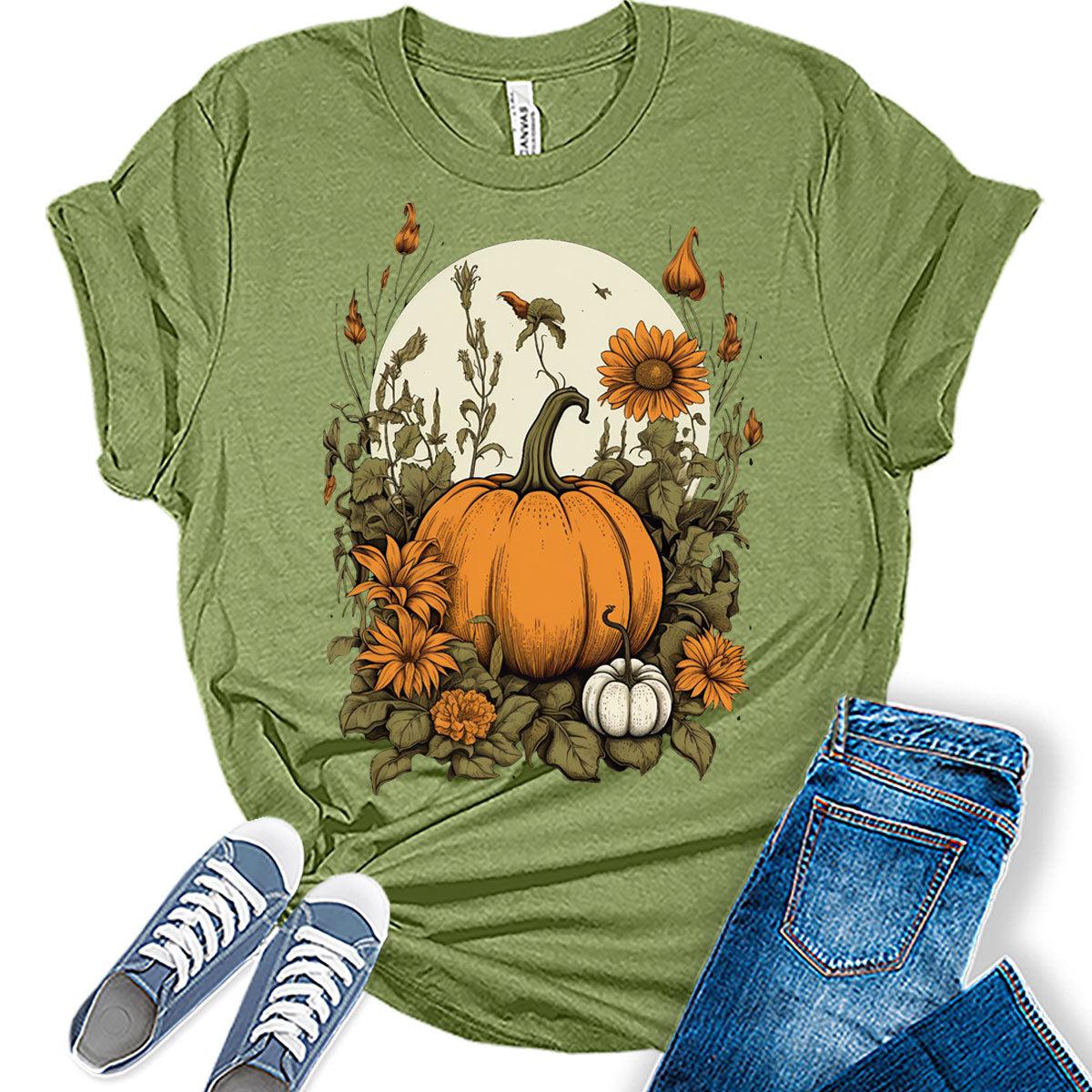 Womens Fall Tops Pumpkin Vintage Flowers Tshirt Cottagecore Girls Graphic Tee Halloween Shirts