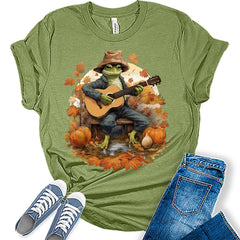 Womens Fall Tops Frog Guitar Tshirt Cottagecore Pumpkin Graphic Tee Autumn Shirts