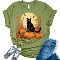 Womens Fall Cat Shirt Cottagecore Pumpkin T Shirts Floral Cute Girls Graphic Tee Autumn Tops
