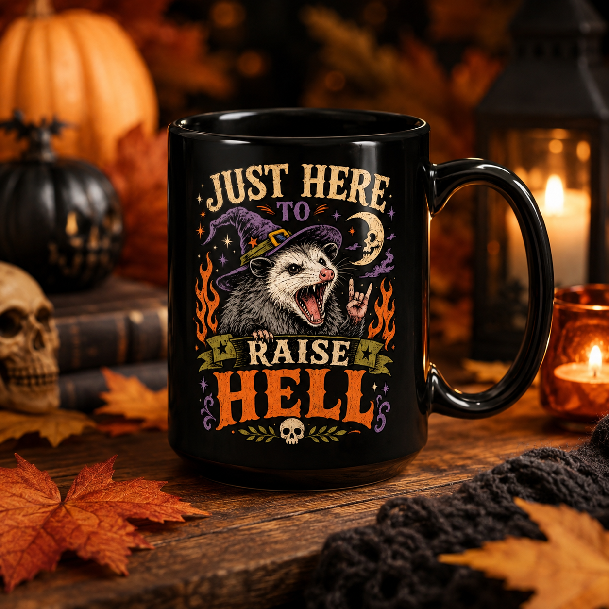 Just Here to Raise Hell Opossum Mug – Funny Halloween Possum 15oz Coffee Mug