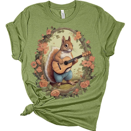 Womens Retro Vintage Squirrel Shirt Cute Western Country Guitar T-Shirts Short Sleeve Graphic Tees Plus Size Summer Tops