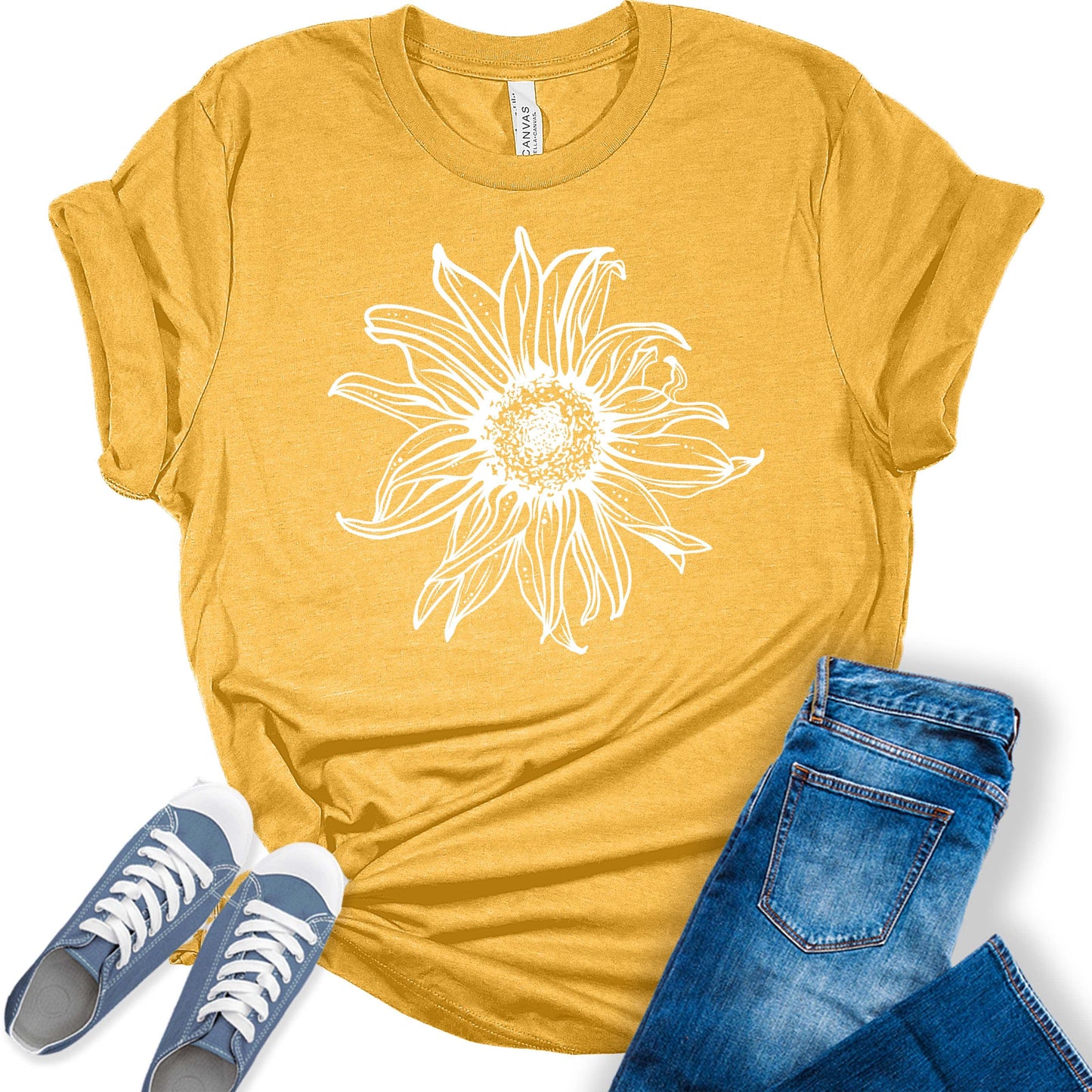 Womens Sunflower Shirts Cute Short Sleeve Graphic Tees Casual Spring Tshirts Plus Size Summer Tops